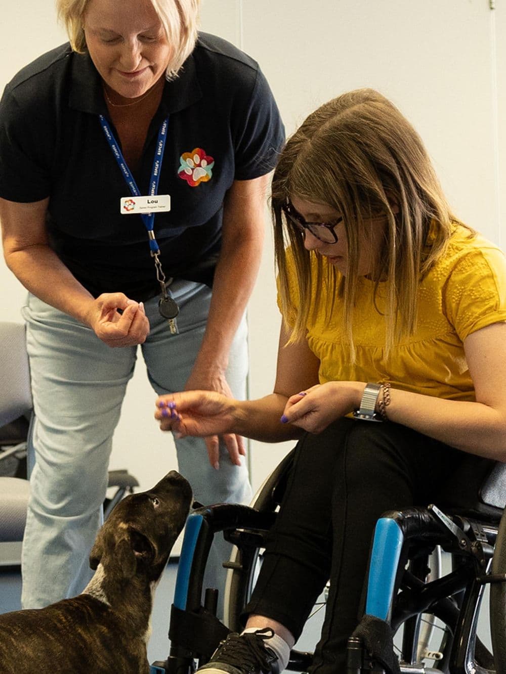 A young woman with glasses, seated in a wheelchair, is in a room with a woman identified as Trainer Louise. The young woman is looking down, holding her hand out to a small brindle-colored puppy on the floor. The trainer stands next to her, also watching the interaction.